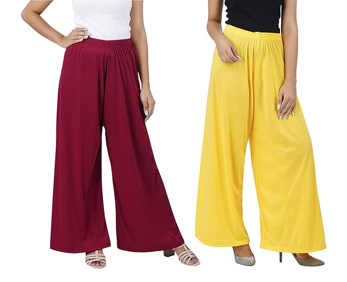 (⭐Pack of 2⭐)100% Pure & Soft Viscos Rayon Palazzo Trousers for Women Relaxed Bottom Adult Pajama Pants Viscose Palazzo Pants Regular Fit Flared Palazoo Pants Daily Use Stylish Plain Plazoo Trendz Cotton Viscose Loose Fit Flared Wide Leg Palazzo Plazo