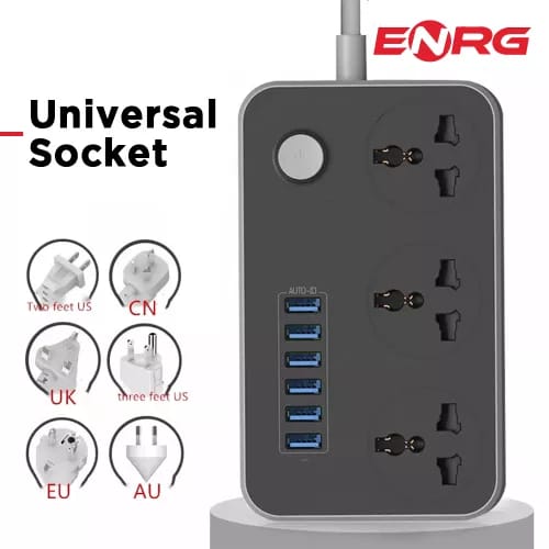 Smart Universal Extension Board 3 Power Socket + 6 Usb Smart Plug For Mobile Charging Ports With 1.8 Meter Heavy Duty Copper Wire - Black