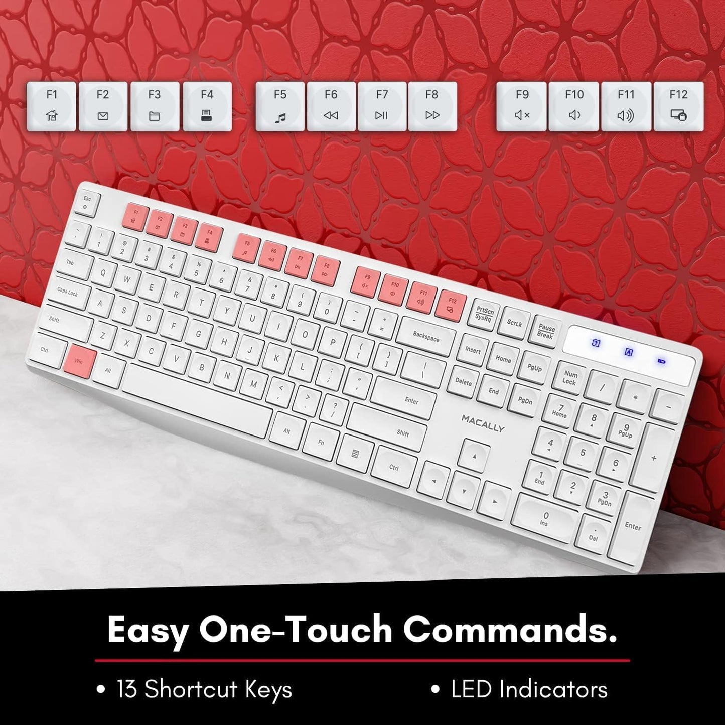 Macally Wireless Keyboard, 2.4G Ergonomic Full Size White Keyboard with Numeric Keypad & 13 Shortcut Keys - Plug and Play Quiet Cordless Keyboard for Laptop and Windows PC Computer