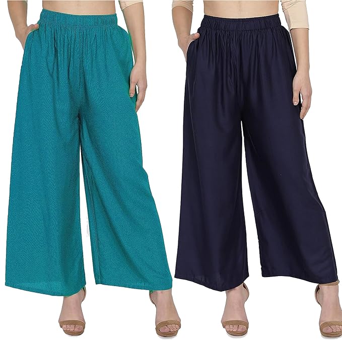 (⭐Pack of 2⭐)100% Pure & Soft Viscos Rayon Palazzo Trousers for Women Relaxed Bottom Adult Pajama Pants Viscose Palazzo Pants Regular Fit Flared Palazoo Pants Daily Use Stylish Plain Plazoo Trendz Cotton Viscose Loose Fit Flared Wide Leg Palazzo Plazo