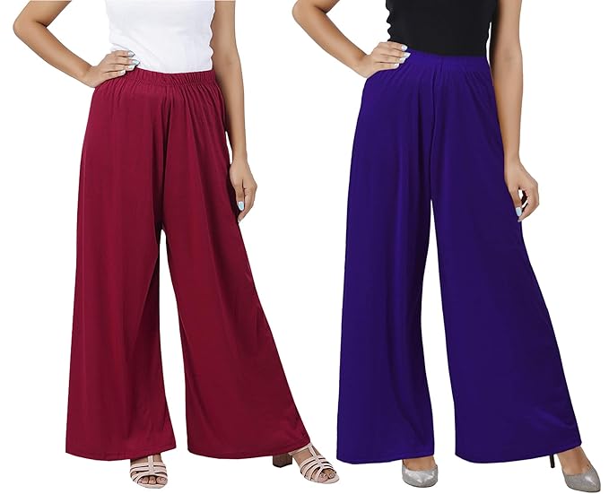 (⭐Pack of 2⭐)100% Pure & Soft Viscos Rayon Palazzo Trousers for Women Relaxed Bottom Adult Pajama Pants Viscose Palazzo Pants Regular Fit Flared Palazoo Pants Daily Use Stylish Plain Plazoo Trendz Cotton Viscose Loose Fit Flared Wide Leg Palazzo Plazo