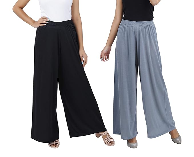 (⭐Pack of 2⭐)100% Pure & Soft Viscos Rayon Palazzo Trousers for Women Relaxed Bottom Adult Pajama Pants Viscose Palazzo Pants Regular Fit Flared Palazoo Pants Daily Use Stylish Plain Plazoo Trendz Cotton Viscose Loose Fit Flared Wide Leg Palazzo Plazo