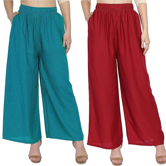 (⭐Pack of 2⭐)100% Pure & Soft Viscos Rayon Palazzo Trousers for Women Relaxed Bottom Adult Pajama Pants Viscose Palazzo Pants Regular Fit Flared Palazoo Pants Daily Use Stylish Plain Plazoo Trendz Cotton Viscose Loose Fit Flared Wide Leg Palazzo Plazo