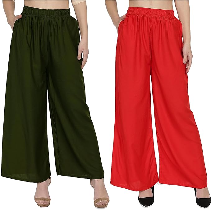 (⭐Pack of 2⭐)100% Pure & Soft Viscos Rayon Palazzo Trousers for Women Relaxed Bottom Adult Pajama Pants Viscose Palazzo Pants Regular Fit Flared Palazoo Pants Daily Use Stylish Plain Plazoo Trendz Cotton Viscose Loose Fit Flared Wide Leg Palazzo Plazo