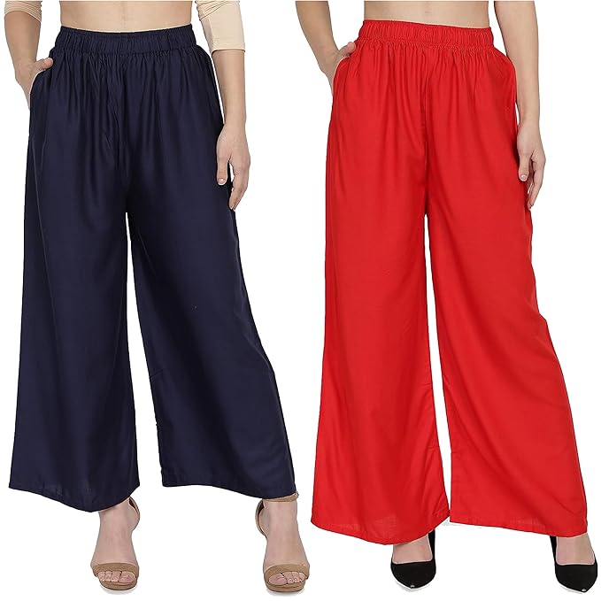 (⭐Pack of 2⭐)100% Pure & Soft Viscos Rayon Palazzo Trousers for Women Relaxed Bottom Adult Pajama Pants Viscose Palazzo Pants Regular Fit Flared Palazoo Pants Daily Use Stylish Plain Plazoo Trendz Cotton Viscose Loose Fit Flared Wide Leg Palazzo Plazo