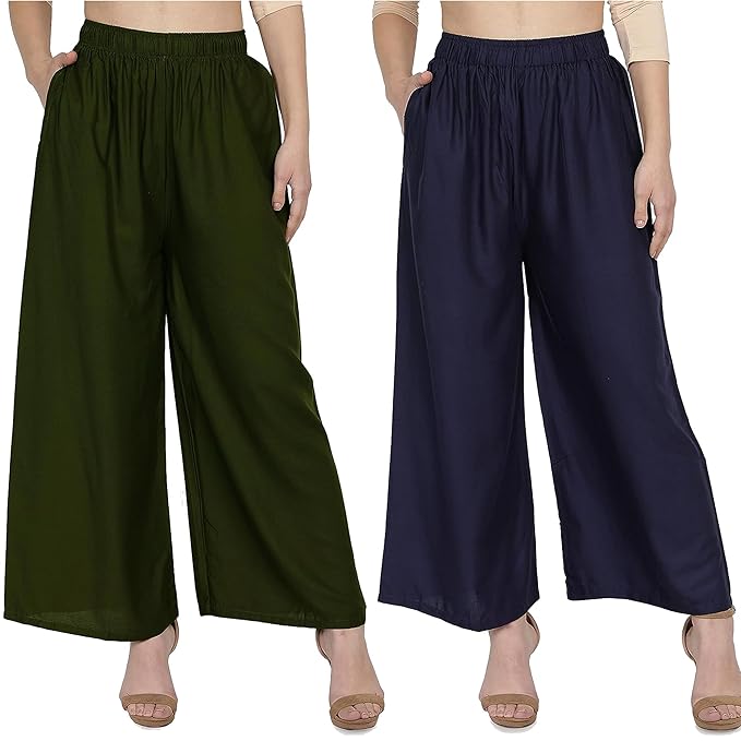 (⭐Pack of 2⭐)100% Pure & Soft Viscos Rayon Palazzo Trousers for Women Relaxed Bottom Adult Pajama Pants Viscose Palazzo Pants Regular Fit Flared Palazoo Pants Daily Use Stylish Plain Plazoo Trendz Cotton Viscose Loose Fit Flared Wide Leg Palazzo Plazo