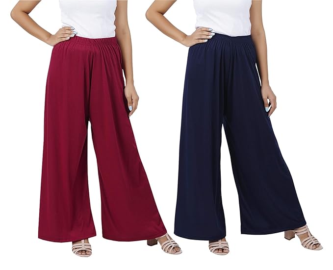 (⭐Pack of 2⭐)100% Pure & Soft Viscos Rayon Palazzo Trousers for Women Relaxed Bottom Adult Pajama Pants Viscose Palazzo Pants Regular Fit Flared Palazoo Pants Daily Use Stylish Plain Plazoo Trendz Cotton Viscose Loose Fit Flared Wide Leg Palazzo Plazo