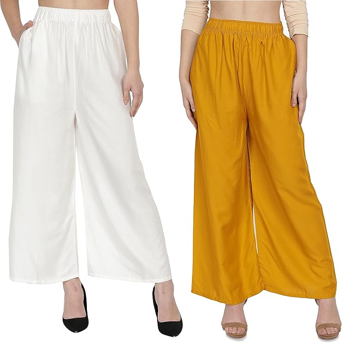 (⭐Pack of 2⭐)100% Pure & Soft Viscos Rayon Palazzo Trousers for Women Relaxed Bottom Adult Pajama Pants Viscose Palazzo Pants Regular Fit Flared Palazoo Pants Daily Use Stylish Plain Plazoo Trendz Cotton Viscose Loose Fit Flared Wide Leg Palazzo Plazo