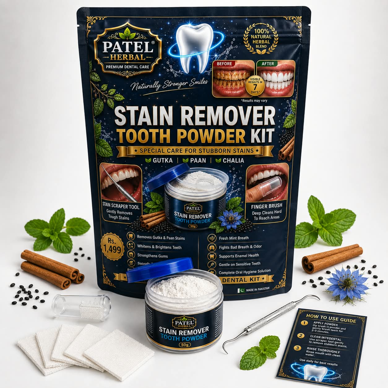 Patel Herbal Stain Remover Tooth Powder Kit — 5-IN-1 (50g)