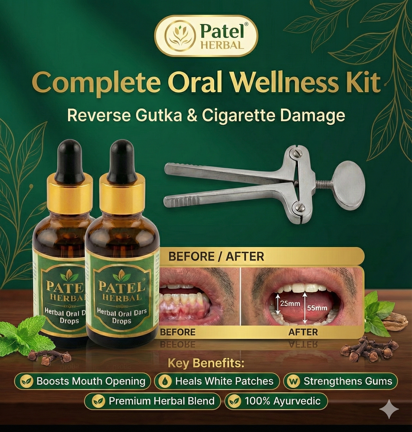 Metal Mouth Opener Tool with Herbal Care Oil Combo (Jaw Exercise Kit)