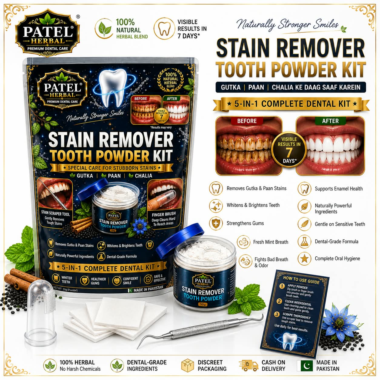 Patel Herbal Stain Remover Tooth Powder Kit — 5-IN-1 (50g)