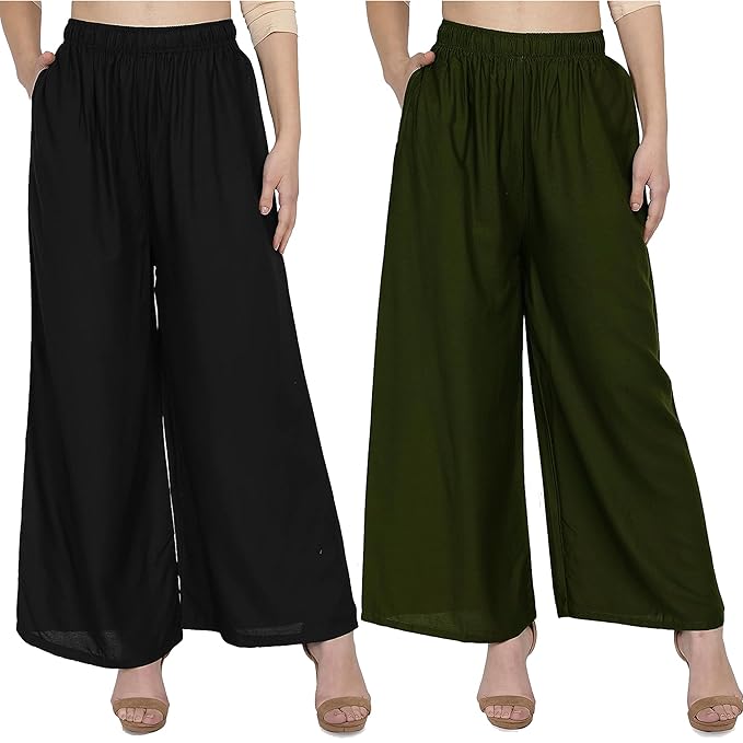 (⭐Pack of 2⭐)100% Pure & Soft Viscos Rayon Palazzo Trousers for Women Relaxed Bottom Adult Pajama Pants Viscose Palazzo Pants Regular Fit Flared Palazoo Pants Daily Use Stylish Plain Plazoo Trendz Cotton Viscose Loose Fit Flared Wide Leg Palazzo Plazo