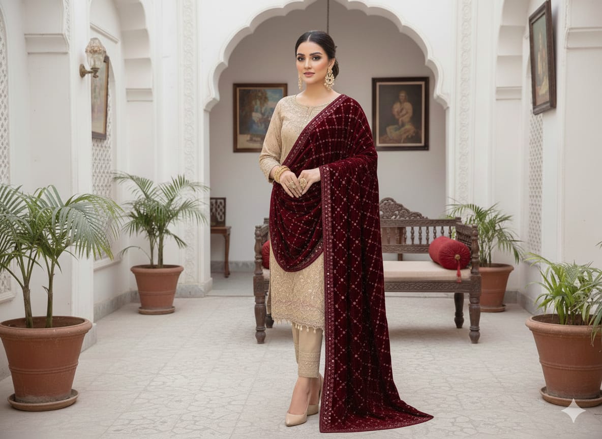 Luxury Velvet Embroidered Sequence Multiple Designs Winter Shawls For Women