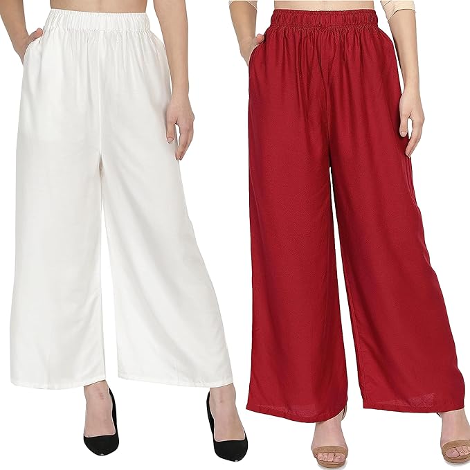 (⭐Pack of 2⭐)100% Pure & Soft Viscos Rayon Palazzo Trousers for Women Relaxed Bottom Adult Pajama Pants Viscose Palazzo Pants Regular Fit Flared Palazoo Pants Daily Use Stylish Plain Plazoo Trendz Cotton Viscose Loose Fit Flared Wide Leg Palazzo Plazo