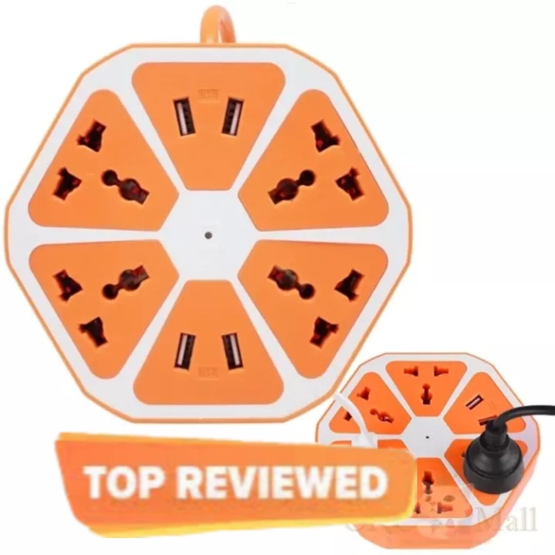 Multi Power Plug Extension - 4 Power Sockets & 4 USB Ports - Orange