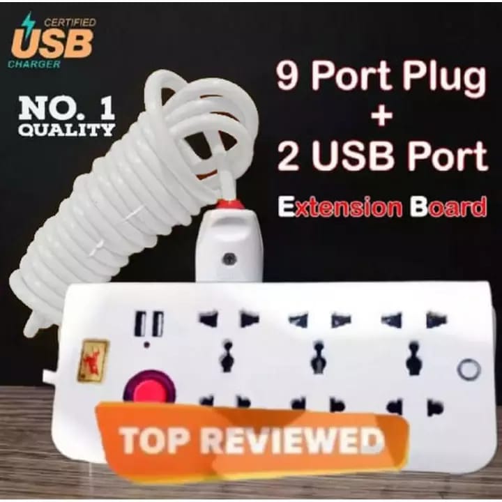 9 Ports  Highest Quality Power Electric Multipurpose Extension Board - USB Ports Power Extension/ power socket/power supply with and with 3 meter// 5 meter  Wire extension lead extention board