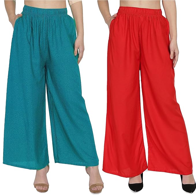 (⭐Pack of 2⭐)100% Pure & Soft Viscos Rayon Palazzo Trousers for Women Relaxed Bottom Adult Pajama Pants Viscose Palazzo Pants Regular Fit Flared Palazoo Pants Daily Use Stylish Plain Plazoo Trendz Cotton Viscose Loose Fit Flared Wide Leg Palazzo Plazo