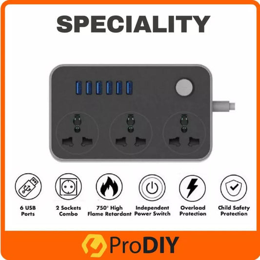 Smart Universal Extension Board 3 Power Socket + 6 Usb Smart Plug For Mobile Charging Ports With 1.8 Meter Heavy Duty Copper Wire - Black