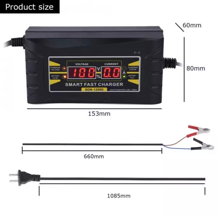 12V 6A Automatic Smart Fast Car Battery Charger Power Supply with Display Screen EU Plug