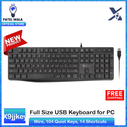 X9 Performance Wired Keyboard - Ultra Slim Full Size Ergonomic Computer Keyboard - Basic USB Keyboard for PC Desktop, Laptop with 5ft Corded Wire, 104 Quiet Keys, 14 Shortcuts, and Kickstand PATELWALA