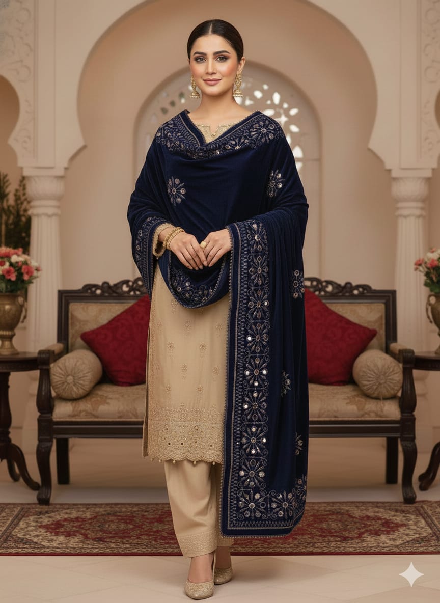 Luxury Velvet Embroidered Sequence Multiple Designs Winter Shawls For Women