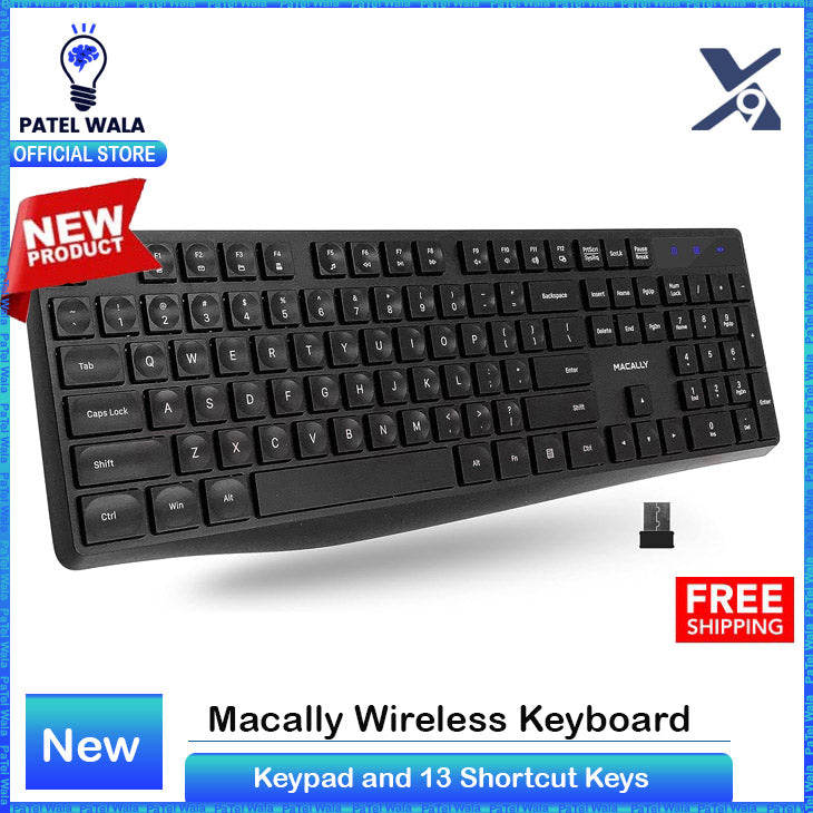 Macally Wireless Keyboard, 2.4G Ergonomic Full Size White Keyboard with Numeric Keypad & 13 Shortcut Keys - Plug and Play Quiet Cordless Keyboard for Laptop and Windows PC Computer