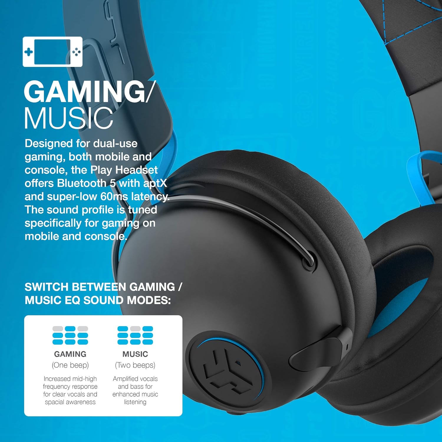 JLab Play Gaming Wireless Headset, 22+ Hour Bluetooth 5 Playtime 60ms Super-Low Latency for Mobile Gameplay, Retractable Boom Mic, AUX Gaming Cord Compatible with Gaming Consoles PATELWALA