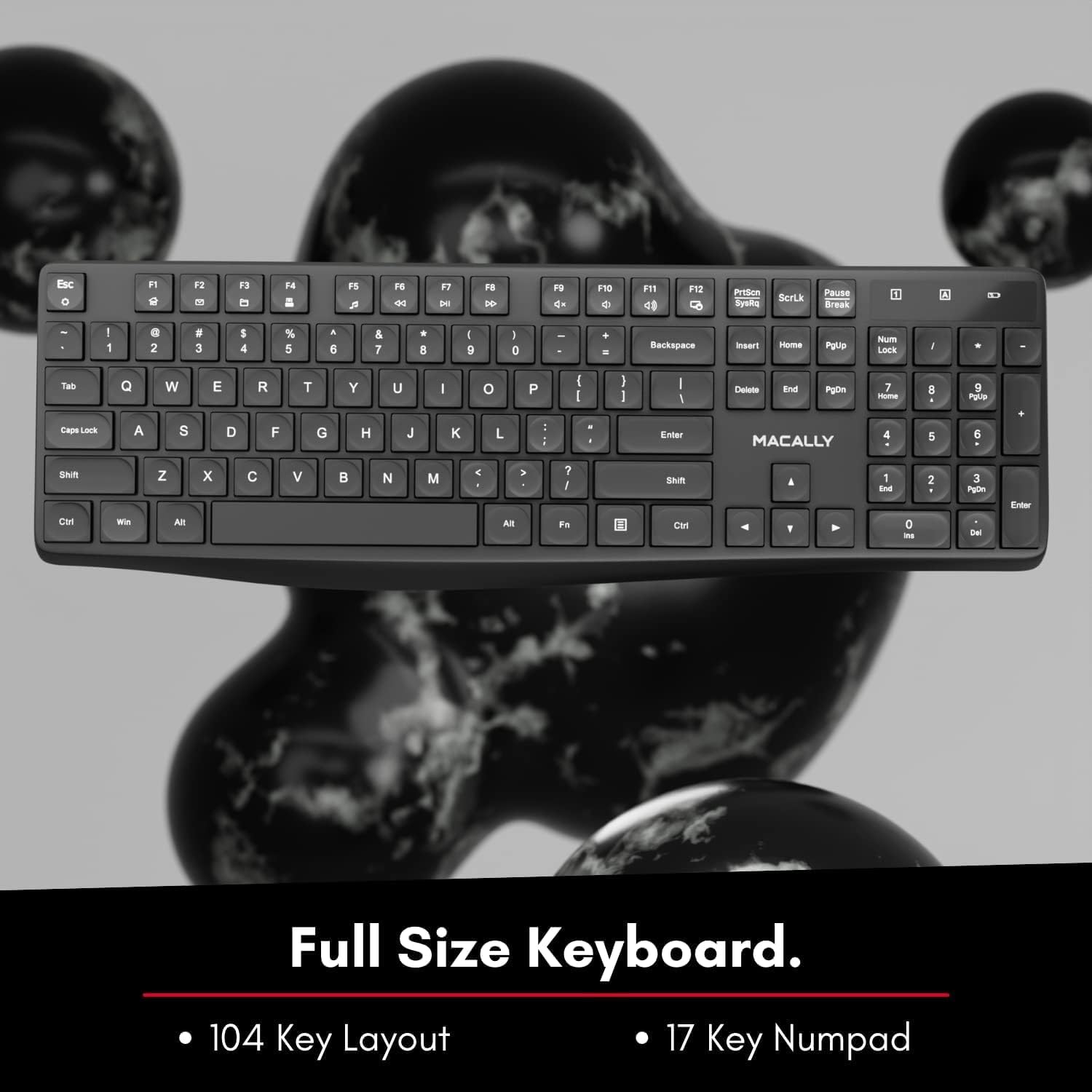 Macally Wireless Keyboard, 2.4G Ergonomic Full Size White Keyboard with Numeric Keypad & 13 Shortcut Keys - Plug and Play Quiet Cordless Keyboard for Laptop and Windows PC Computer