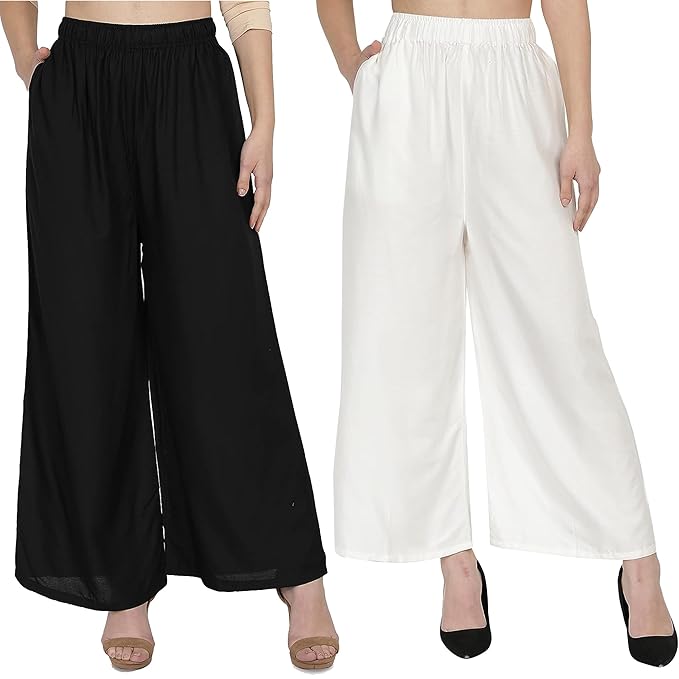 (⭐Pack of 2⭐)100% Pure & Soft Viscos Rayon Palazzo Trousers for Women Relaxed Bottom Adult Pajama Pants Viscose Palazzo Pants Regular Fit Flared Palazoo Pants Daily Use Stylish Plain Plazoo Trendz Cotton Viscose Loose Fit Flared Wide Leg Palazzo Plazo