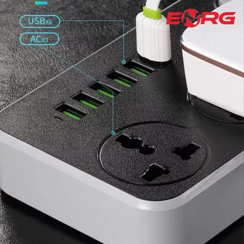 Smart Universal Extension Board 3 Power Socket + 6 Usb Smart Plug For Mobile Charging Ports With 1.8 Meter Heavy Duty Copper Wire - Black