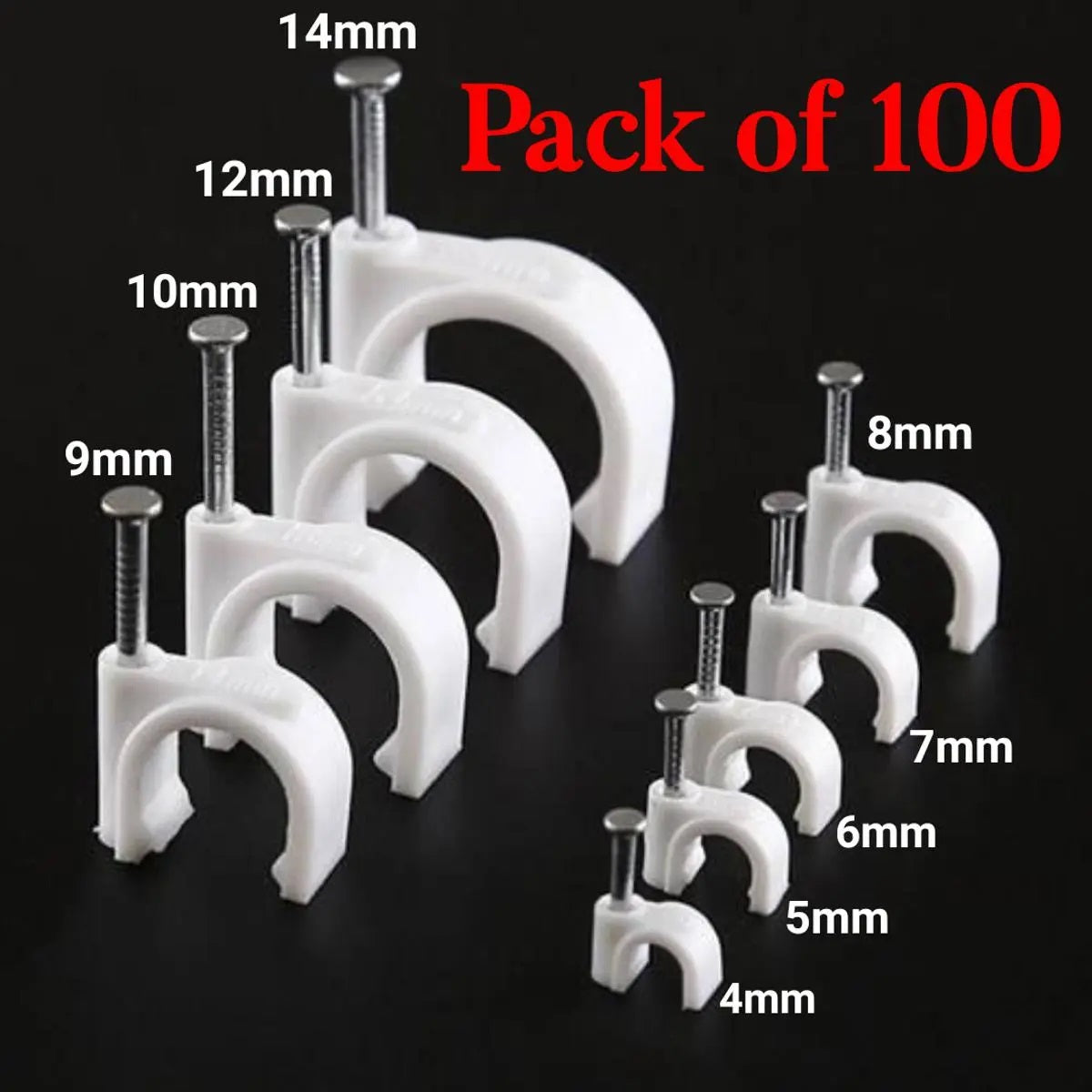 Pack of 100 Pcs Cable Nail Clips- Cable Wire Clips 4mm to 14mm (9 Different Sizes)