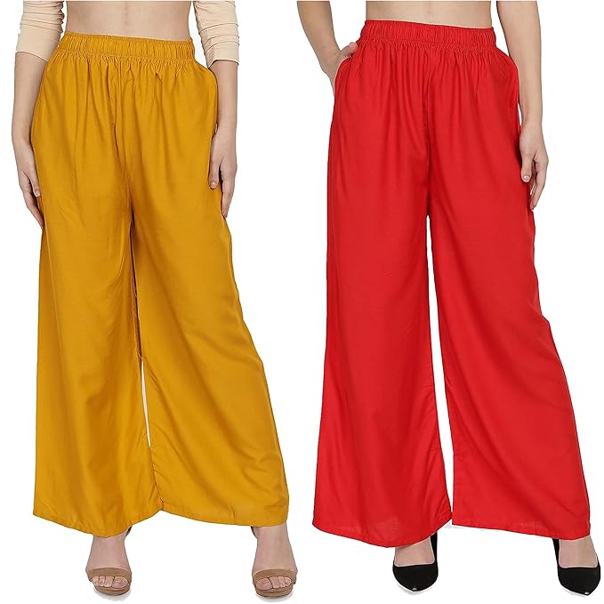 (⭐Pack of 2⭐)100% Pure & Soft Viscos Rayon Palazzo Trousers for Women Relaxed Bottom Adult Pajama Pants Viscose Palazzo Pants Regular Fit Flared Palazoo Pants Daily Use Stylish Plain Plazoo Trendz Cotton Viscose Loose Fit Flared Wide Leg Palazzo Plazo