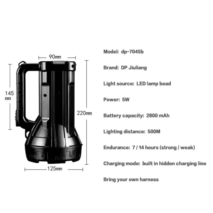 DP 16 Hours LED Rechargeable Searchlight Glare Flashlight Emergency Light WIth Tie Neck High Power Waterproof 500m Built-in Charger (DP-7045B)