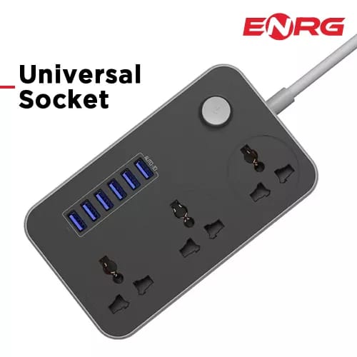 Smart Universal Extension Board 3 Power Socket + 6 Usb Smart Plug For Mobile Charging Ports With 1.8 Meter Heavy Duty Copper Wire - Black