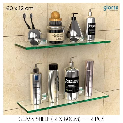 (PATEL ) (in Set) (2pcs) High Quality Thick Bathroom Wall Mounted Glass Shelf Shampoo Rack Bathroom Shelf Bathroom Rack Toilet Rack Glass Rack 1 Layer Toilet Rak Glass Rak Bathroom Rak Fast Delivery Ready Stock Readily Stock