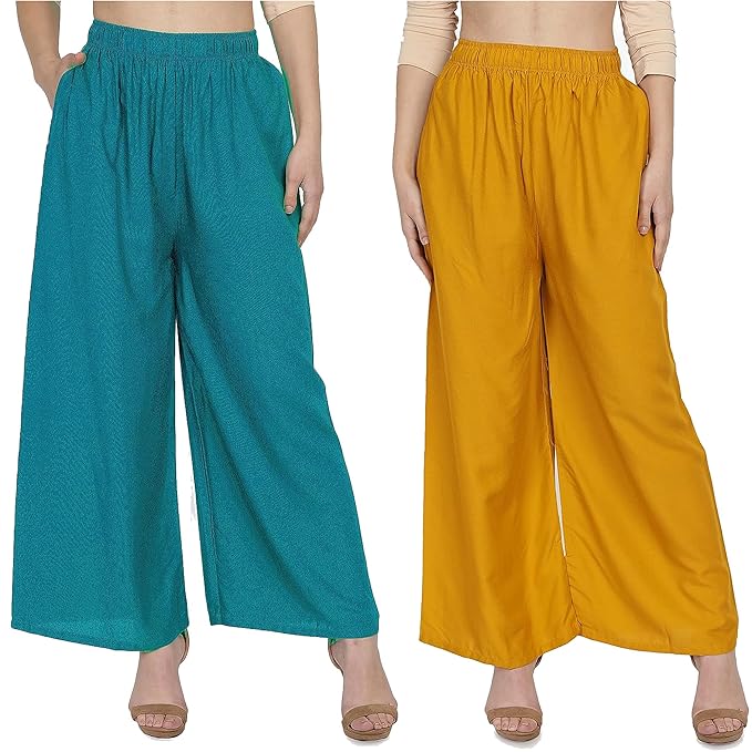 (⭐Pack of 2⭐)100% Pure & Soft Viscos Rayon Palazzo Trousers for Women Relaxed Bottom Adult Pajama Pants Viscose Palazzo Pants Regular Fit Flared Palazoo Pants Daily Use Stylish Plain Plazoo Trendz Cotton Viscose Loose Fit Flared Wide Leg Palazzo Plazo