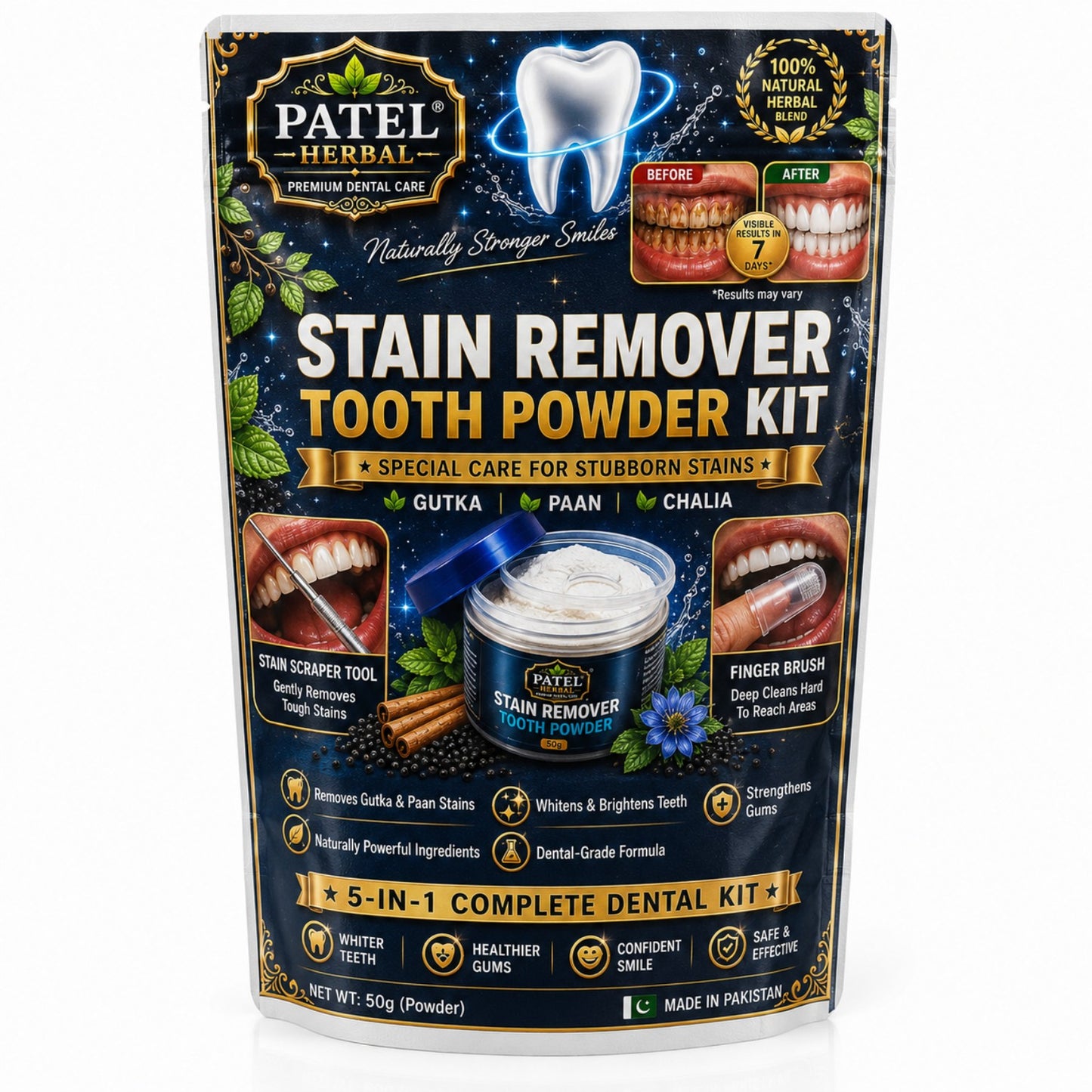 Patel Herbal Stain Remover Tooth Powder Kit — 5-IN-1 (50g)