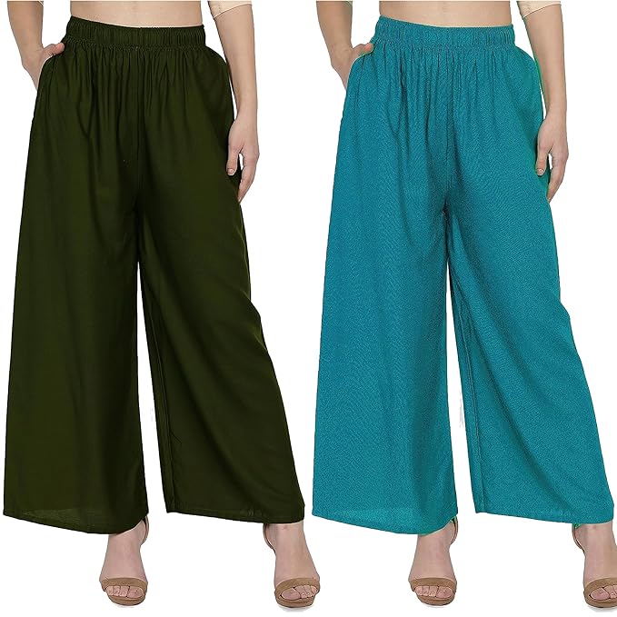 (⭐Pack of 2⭐)100% Pure & Soft Viscos Rayon Palazzo Trousers for Women Relaxed Bottom Adult Pajama Pants Viscose Palazzo Pants Regular Fit Flared Palazoo Pants Daily Use Stylish Plain Plazoo Trendz Cotton Viscose Loose Fit Flared Wide Leg Palazzo Plazo