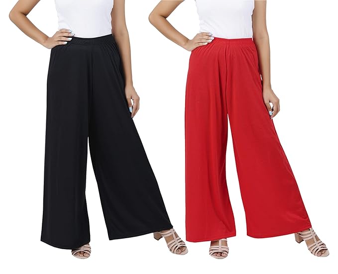 (⭐Pack of 2⭐)100% Pure & Soft Viscos Rayon Palazzo Trousers for Women Relaxed Bottom Adult Pajama Pants Viscose Palazzo Pants Regular Fit Flared Palazoo Pants Daily Use Stylish Plain Plazoo Trendz Cotton Viscose Loose Fit Flared Wide Leg Palazzo Plazo