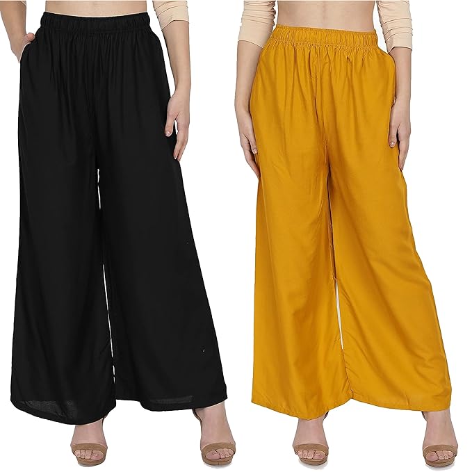 (⭐Pack of 2⭐)100% Pure & Soft Viscos Rayon Palazzo Trousers for Women Relaxed Bottom Adult Pajama Pants Viscose Palazzo Pants Regular Fit Flared Palazoo Pants Daily Use Stylish Plain Plazoo Trendz Cotton Viscose Loose Fit Flared Wide Leg Palazzo Plazo