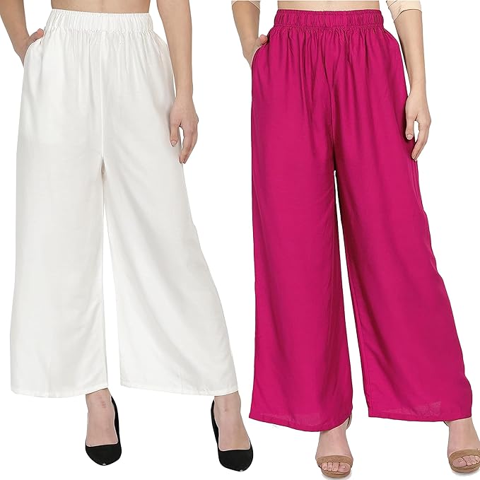 (⭐Pack of 2⭐)100% Pure & Soft Viscos Rayon Palazzo Trousers for Women Relaxed Bottom Adult Pajama Pants Viscose Palazzo Pants Regular Fit Flared Palazoo Pants Daily Use Stylish Plain Plazoo Trendz Cotton Viscose Loose Fit Flared Wide Leg Palazzo Plazo