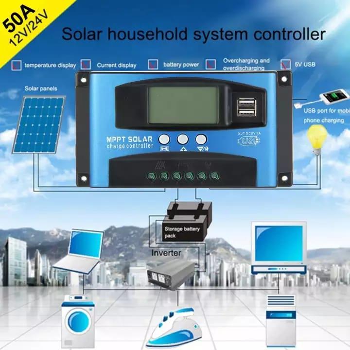 Solar Charger Controller, 40/50/60/100A PWM Solar Panel Battery Intelligent Regulator Charge Controller 12V/24V with Dual USB Port and LCD Display All Amp Controller Available 10A 20A 30A 40A 50A 60A 70A 80A 90A 100A SoLar Panels Controller