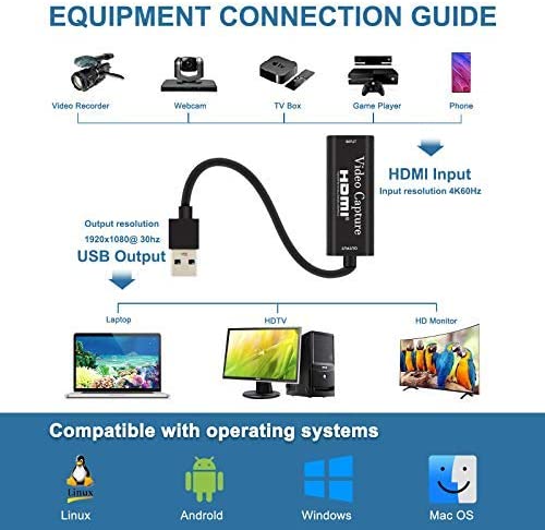 4k HD 1080P 60fps HDMI to USB Video Capture Card Game Recording Box for Computer Youtube OBS Etc. Grabber Live Streaming 4K HDMI Video Capture Card USB 2.0 3.0 for DSLR, PlayStations, Camcorders, TV Box, Live Streaming