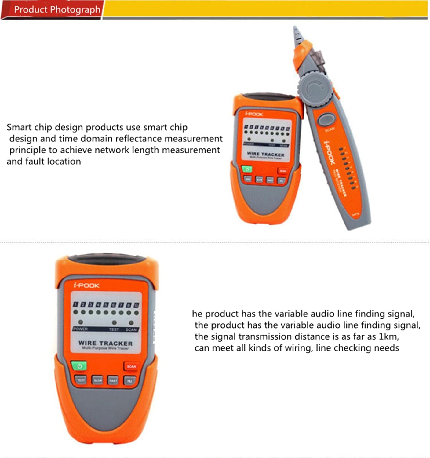 Professional i-POOK PK65H Wire Tracker | Multifunctional Cable Tester for Network, Telephone, and Ethernet | Includes Adjustable Sensitivity | Tone Tracer & Underground Cable Locator | Ideal for Various Testing Needs