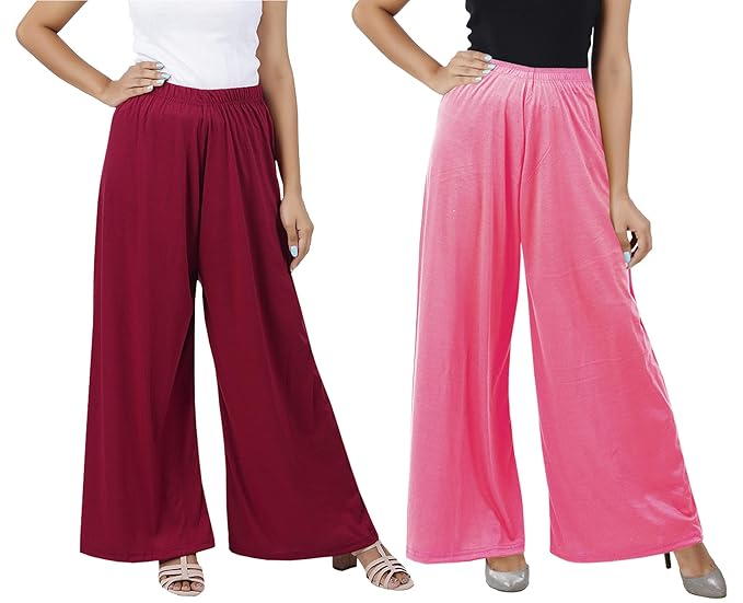 (⭐Pack of 2⭐)100% Pure & Soft Viscos Rayon Palazzo Trousers for Women Relaxed Bottom Adult Pajama Pants Viscose Palazzo Pants Regular Fit Flared Palazoo Pants Daily Use Stylish Plain Plazoo Trendz Cotton Viscose Loose Fit Flared Wide Leg Palazzo Plazo