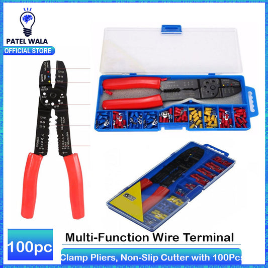 Multi-Function Wire Terminal Crimping Tool Set - Crimper, Cable Stripper, Clamp Pliers, Non-Slip Cutter with 100Pcs Insulated U, T, Fork, Cord End, Ring Type Pre-Insulated Crimp Terminals