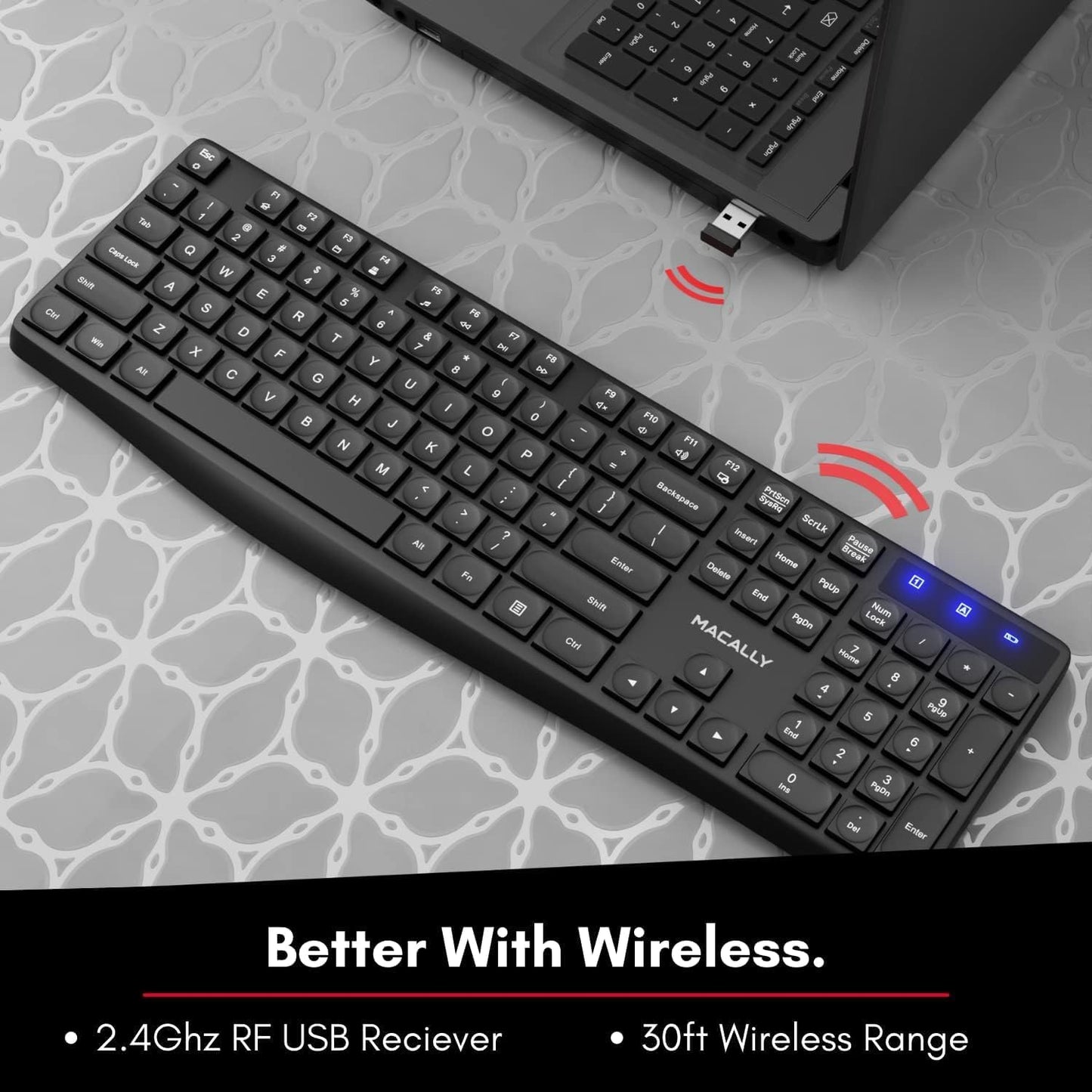 Macally Wireless Keyboard - 2.4G Ergonomic Full-Size Computer Kyyboard Wireless with Numeric Keypad and 13 Shortcut Keys - External Keyboard for Laptop, Windows Desktop PC, or Chromebook with USB Port