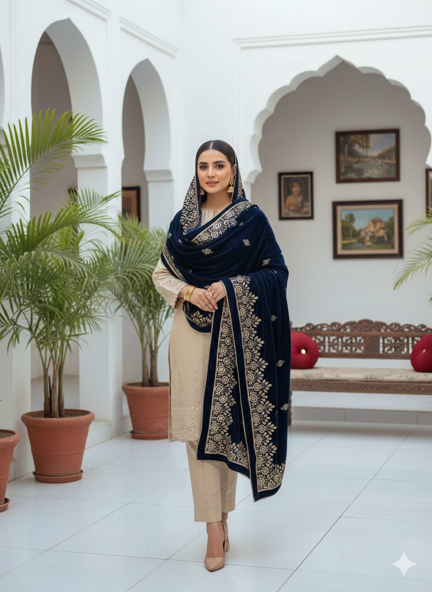 Luxury Velvet Embroidered Sequence Multiple Designs Winter Shawls For Women