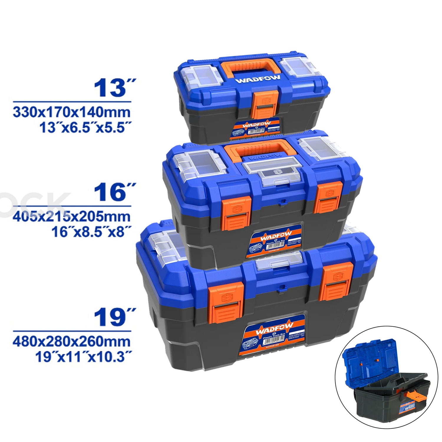 WADFOW High Quality Tool Box  with Tray - 13, 16, 19 Inch