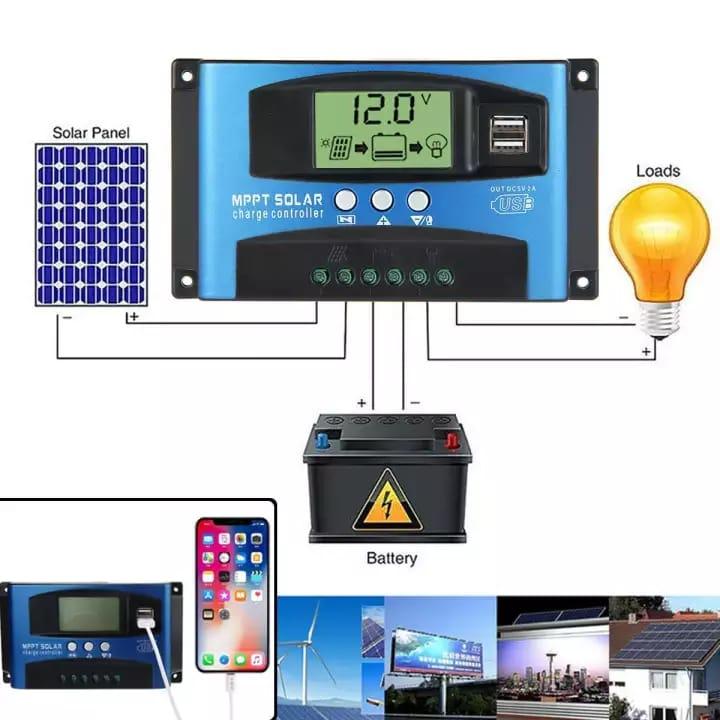 Solar Charger Controller, 40/50/60/100A PWM Solar Panel Battery Intelligent Regulator Charge Controller 12V/24V with Dual USB Port and LCD Display All Amp Controller Available 10A 20A 30A 40A 50A 60A 70A 80A 90A 100A SoLar Panels Controller